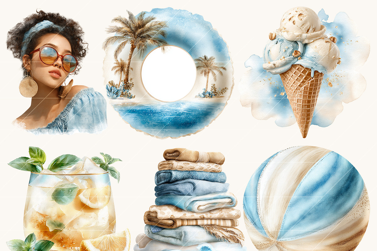 Watercolor Summer Beach Clipart, a Seasonal Illustration by BusyDaydesign (Photo 5 of 9)