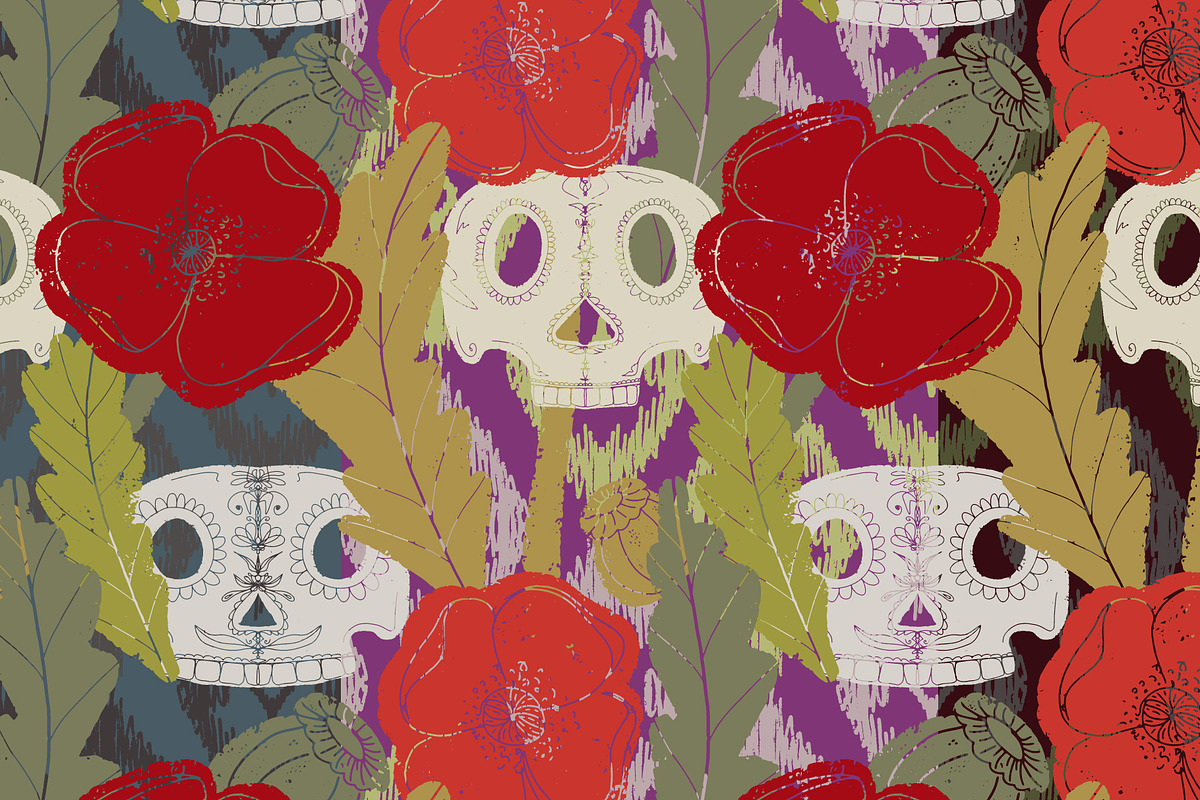 Folk art pattern poppy, sugar skull, a Pattern Graphic by NayaChu (Photo 9 of 10)