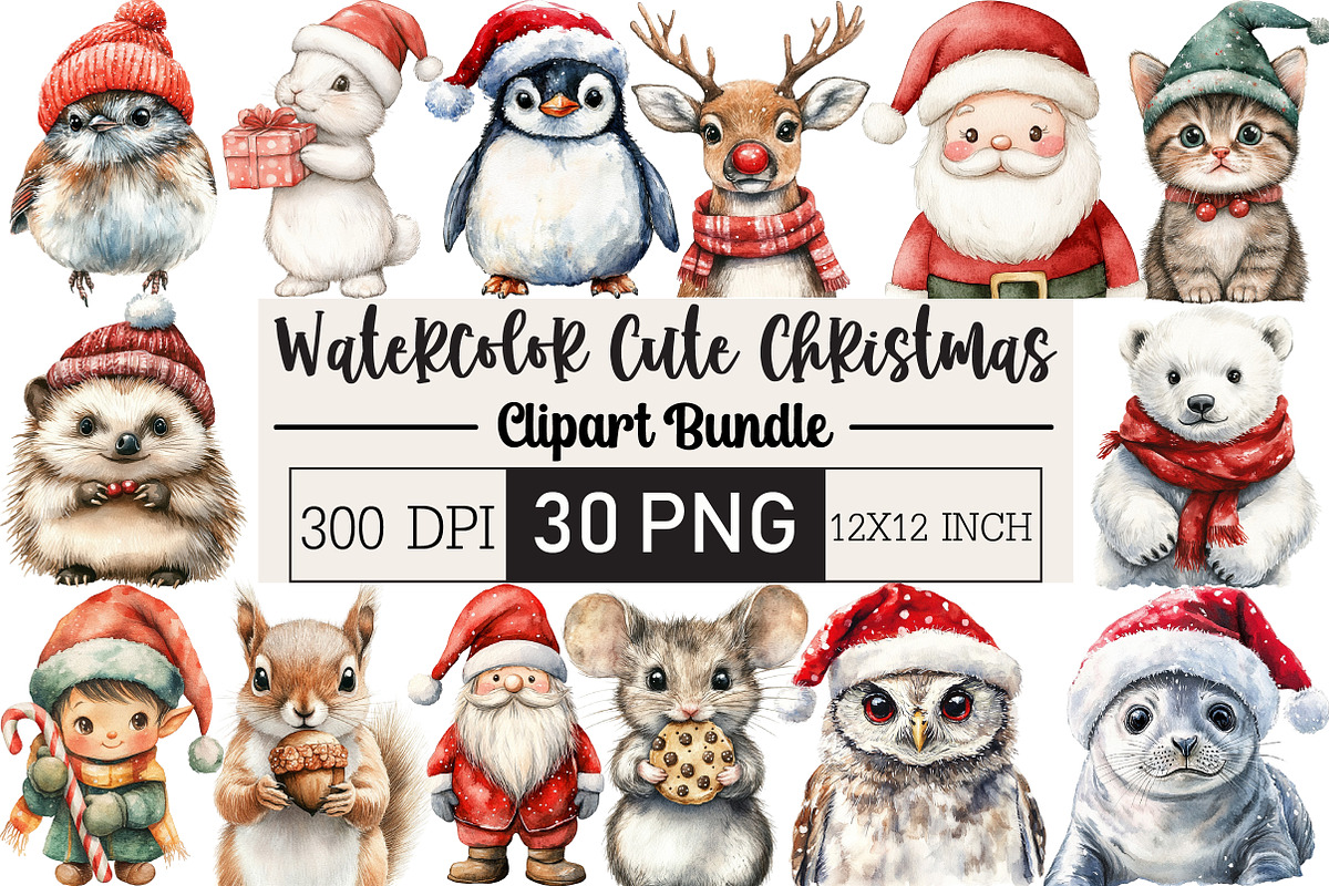 Watercolor Cute Christmas Clipart, an Illustration by Black Bird Studio (Photo 1 of 6)