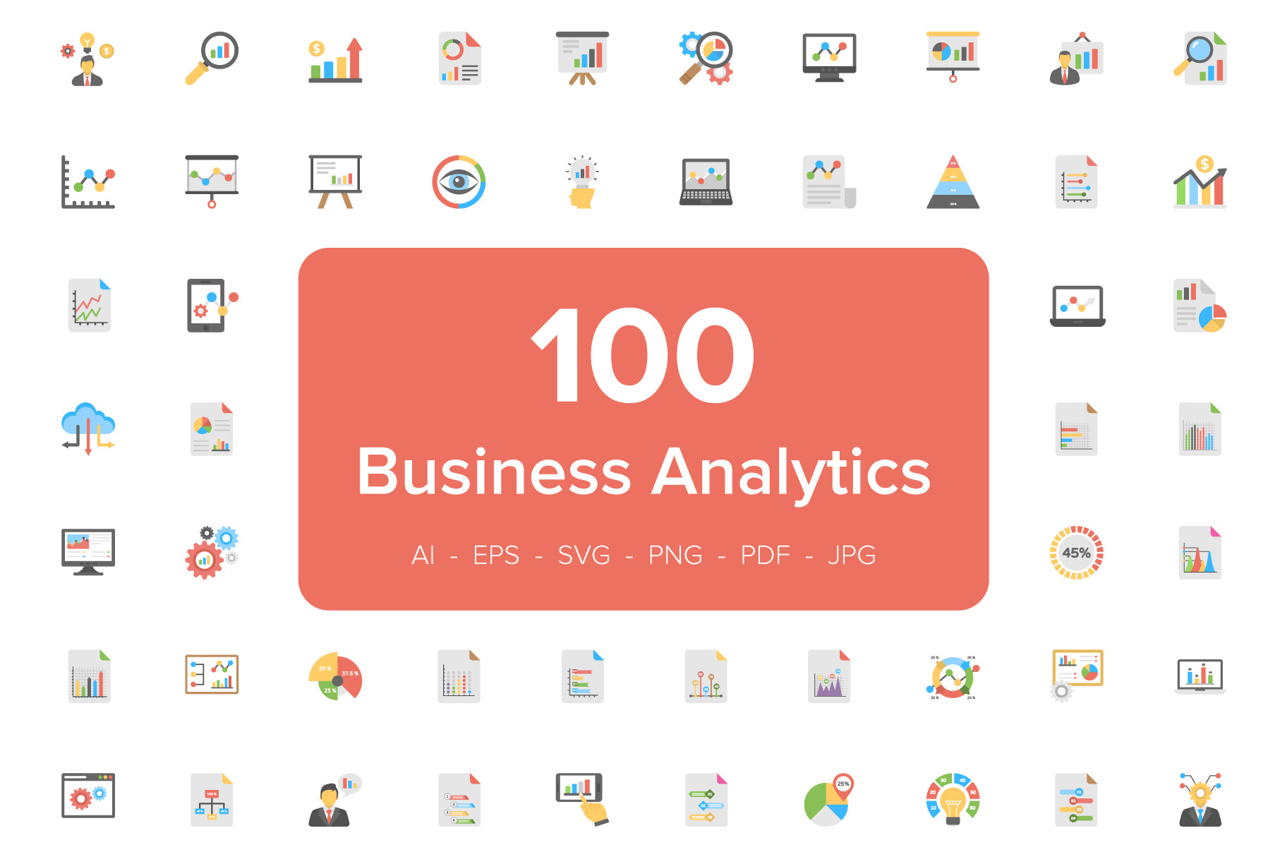 100 Business Analytics Flat Icons, an Icon by Creative Stall