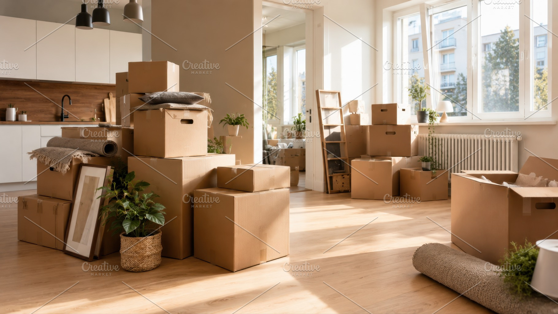 Moving boxes in a bright space, a Photo by Beautiful things