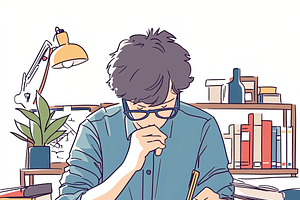 Young man studying at a desk surrounded by books and notes, an Illustration by AS photostudio