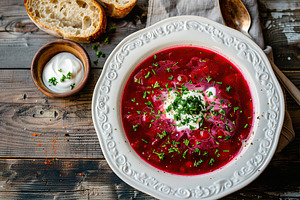 Flat lay of bowl of beet root soup borsch on wooden table, a Food & Drink Photo by AlyaAnd