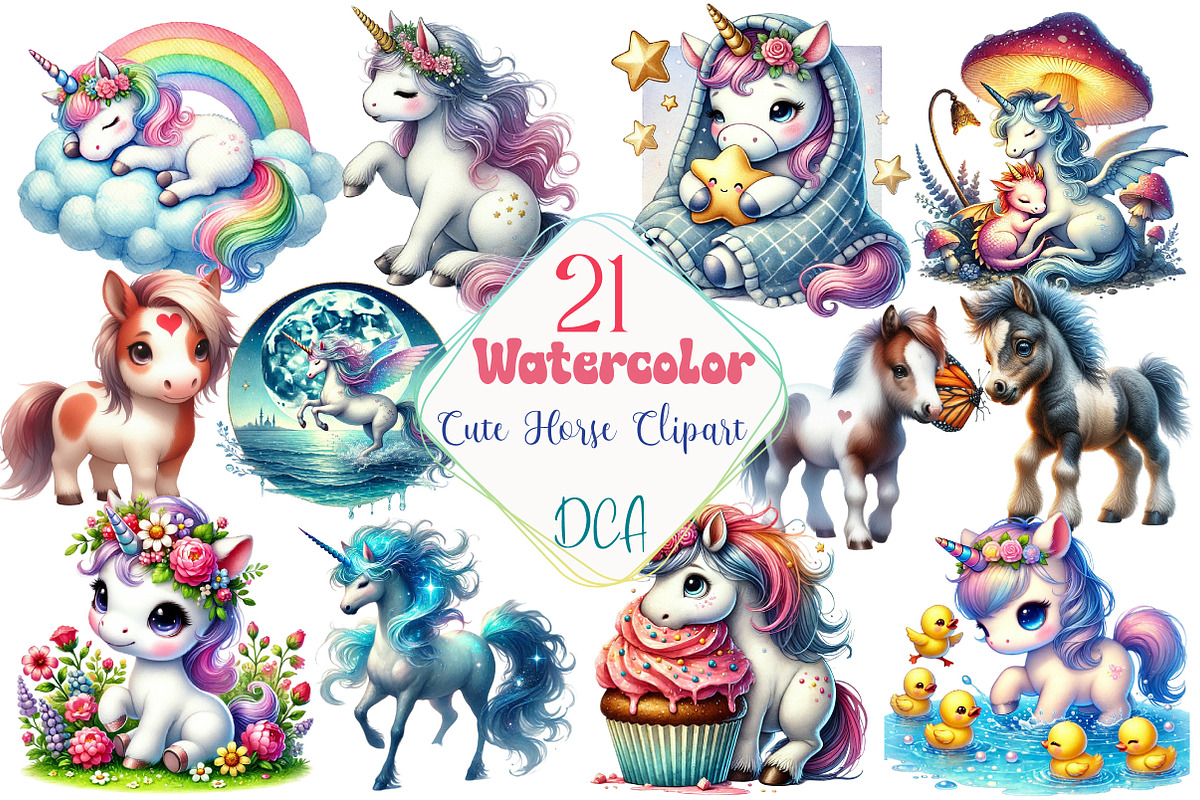 Watercolor Unicorn Cute Horse, an Illustration by DreamCafeArt (Photo 1 of 4)