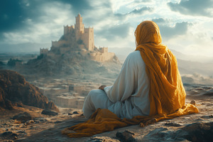A serene arabic figure in a white robe and yellow shawl sits on a rocky outcrop, a Person Photo by Textures & Backgrounds