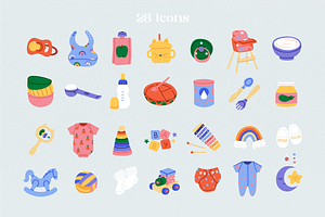 Newborn Stuff. Baby Toys, Food Icons