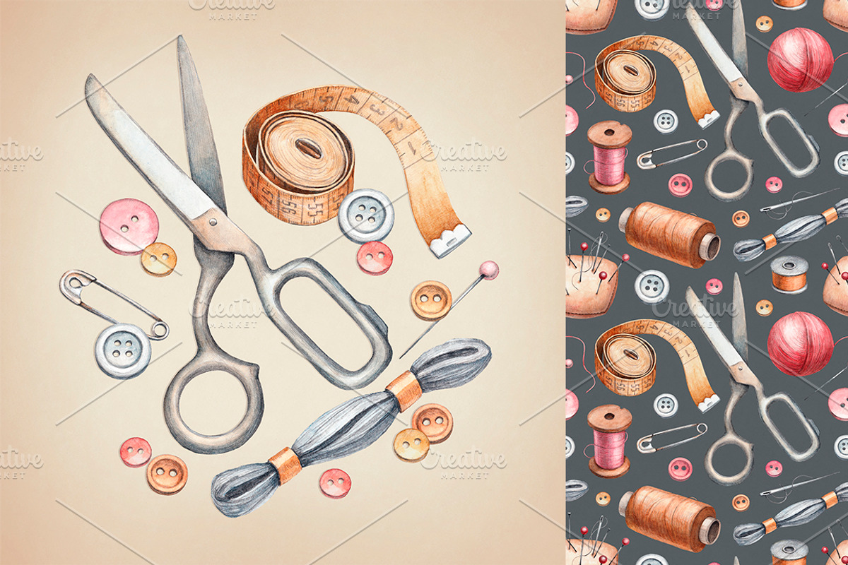 Hand drawn sewing tools, a Texture Illustration by Sundra (Photo 8 of 8)