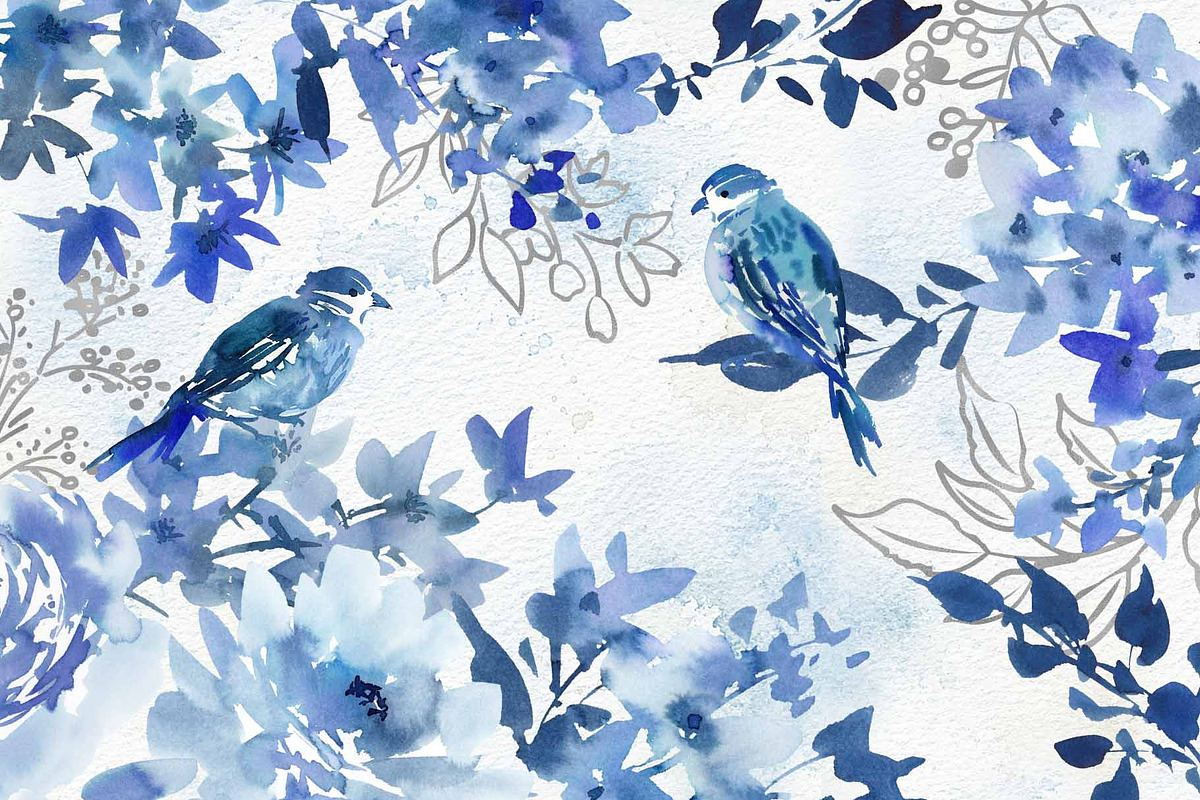 Watercolor Blue Roses with Birds, an Object Graphic by Sawango Designs (Photo 3 of 13)