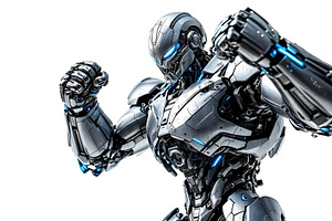 Futuristic robot warrior Ready for C, a Technology Photo by Stock Shape