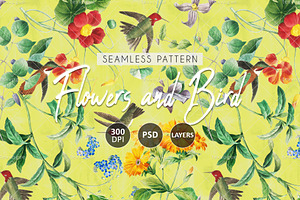 Flowers and Bird - Seamless Patterns