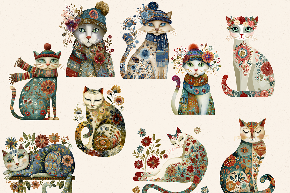 FOLK ART CAT CLIPART PACK, an Animal Illustration by Daring Digies (Photo 2 of 8)