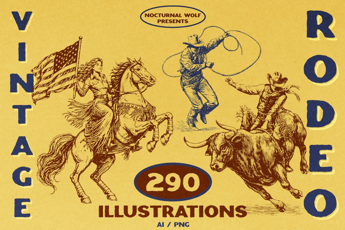 Vintage Retro Rodeo illustrations, an Object Illustration by Nocturnal Wolf (Photo 1 of 17)