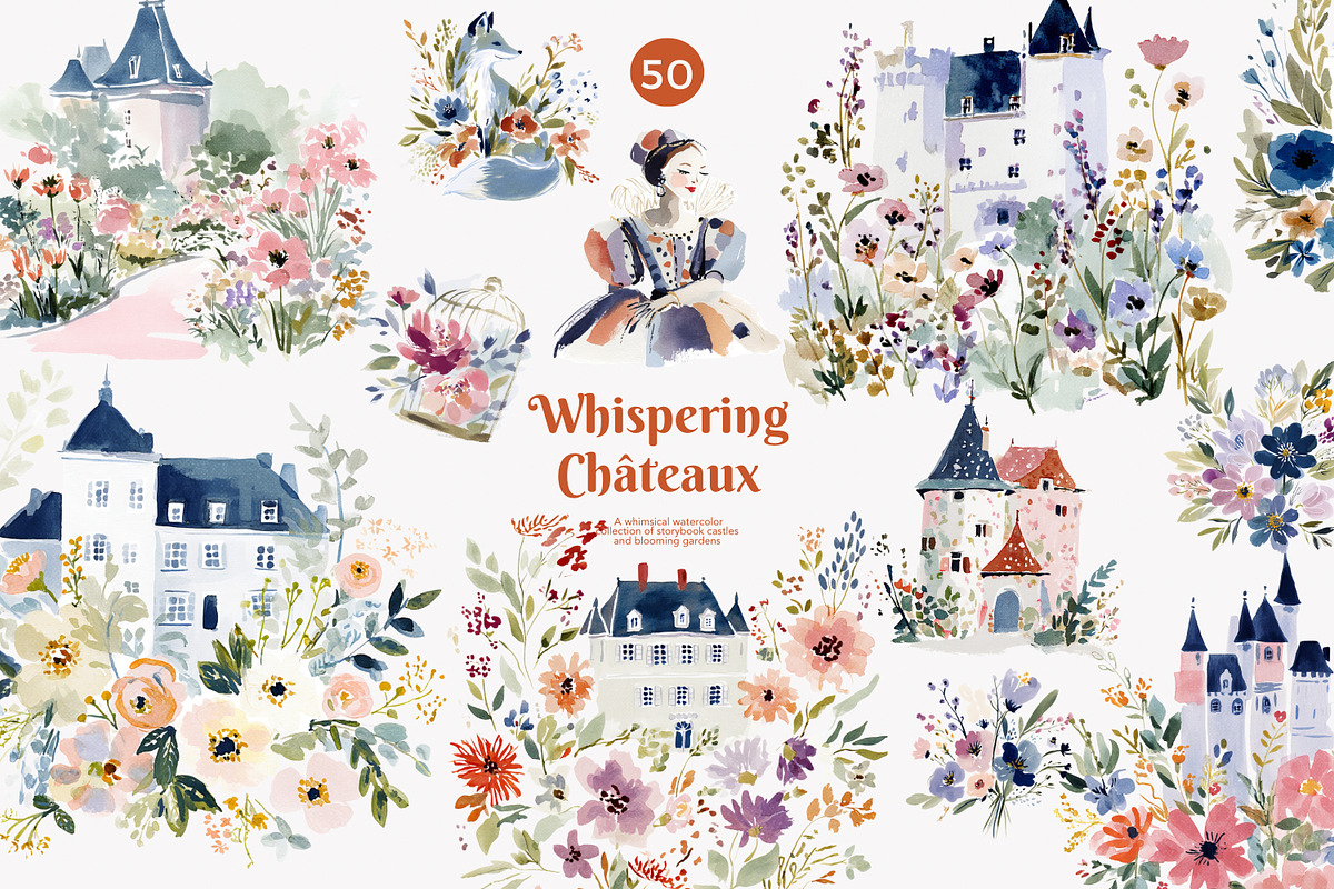 whimsical watercolor castle clipart, a Decorative Illustration by Patishop Art (Photo 1 of 10)