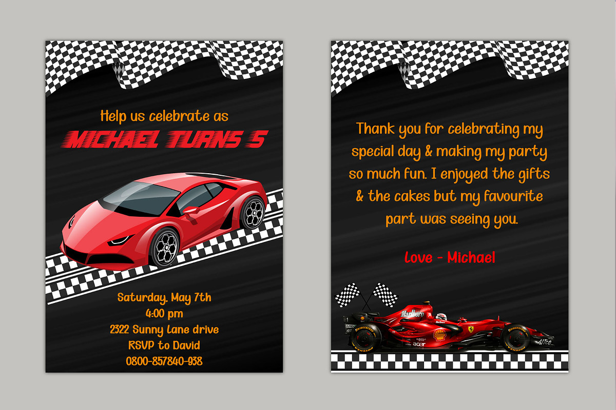Racing Car Birthday Invitation Card, an Invitation Template by Visual Designs (Photo 1 of 3)