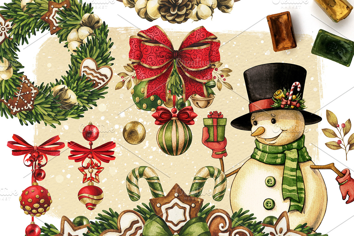 Vintage Christmas watercolor clipart, a Decorative Illustration by Color and Decor (Photo 4 of 7)