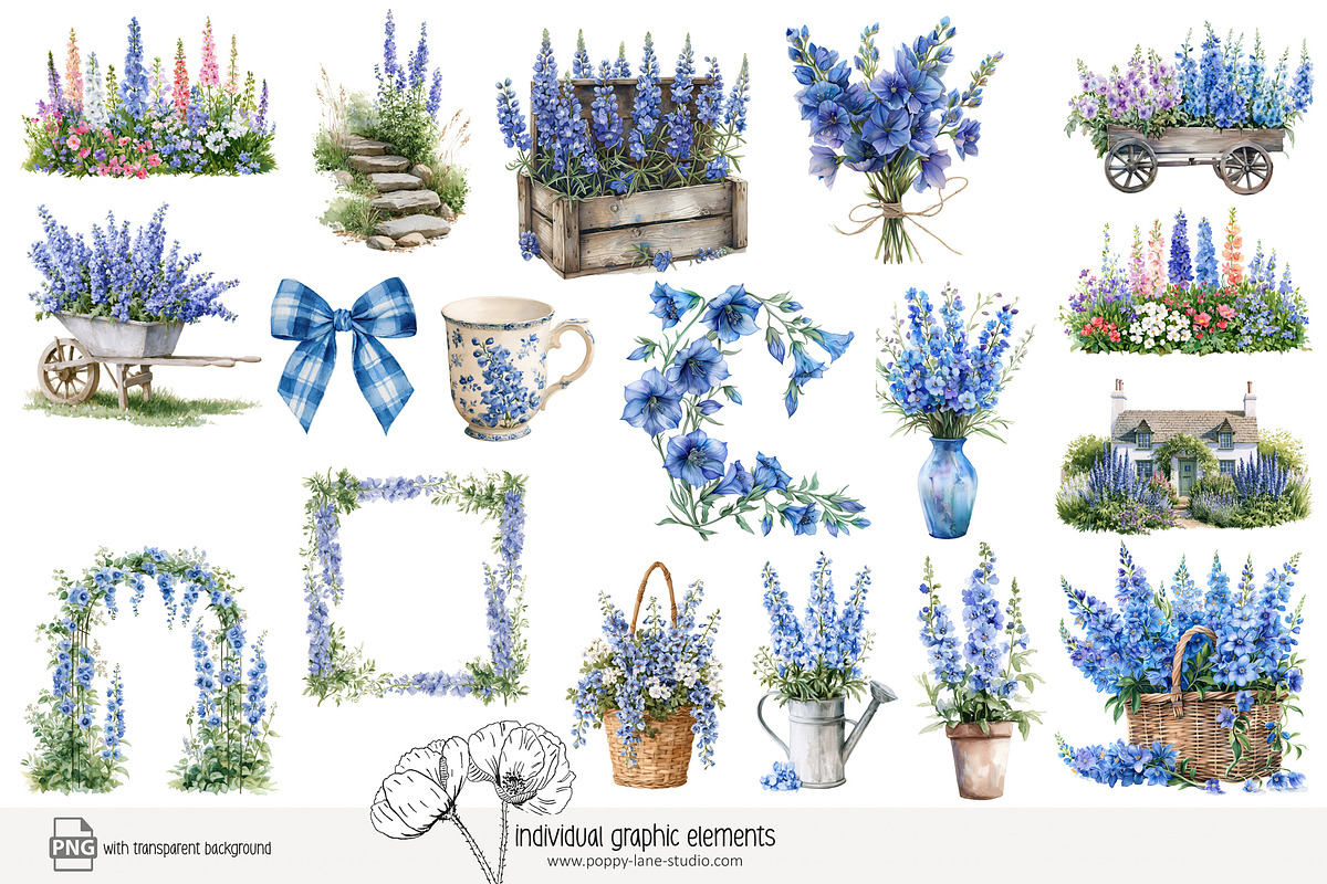 100 watercolour delphinium clip art, a Seasonal Illustration by Poppy Lane Studio (Photo 2 of 12)