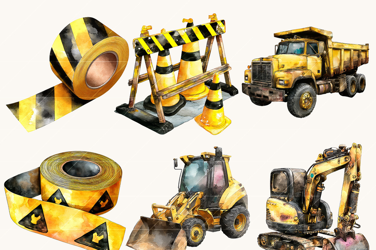 Watercolor Construction Vehicles, a Transportation Illustration by BusyDaydesign (Photo 4 of 10)