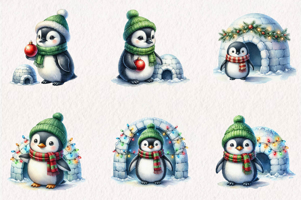 Watercolor Igloo Penguin Collection, a Seasonal Illustration by CreationArt (Photo 4 of 7)
