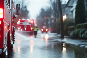 Firefighting scene with fire trucks and blurred firefighter on w, a Photo by Dvoevnore photos