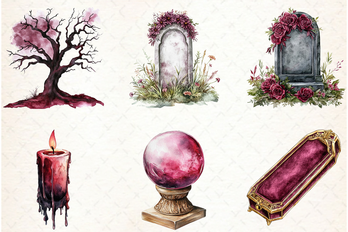 Watercolor Burgundy Halloween Clipar, an Illustration by Libby Wishes (Photo 2 of 11)