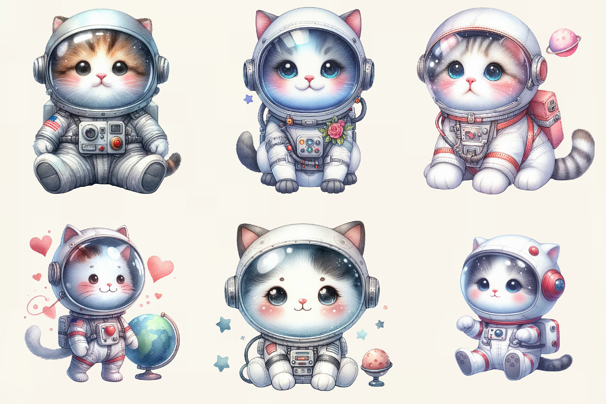 Watercolor Cute Astronaut Cat, an Illustration by DreamCafeArt (Photo 2 of 6)