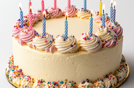 Colorful birthday cake with candles, a Background Photo by Pixeness