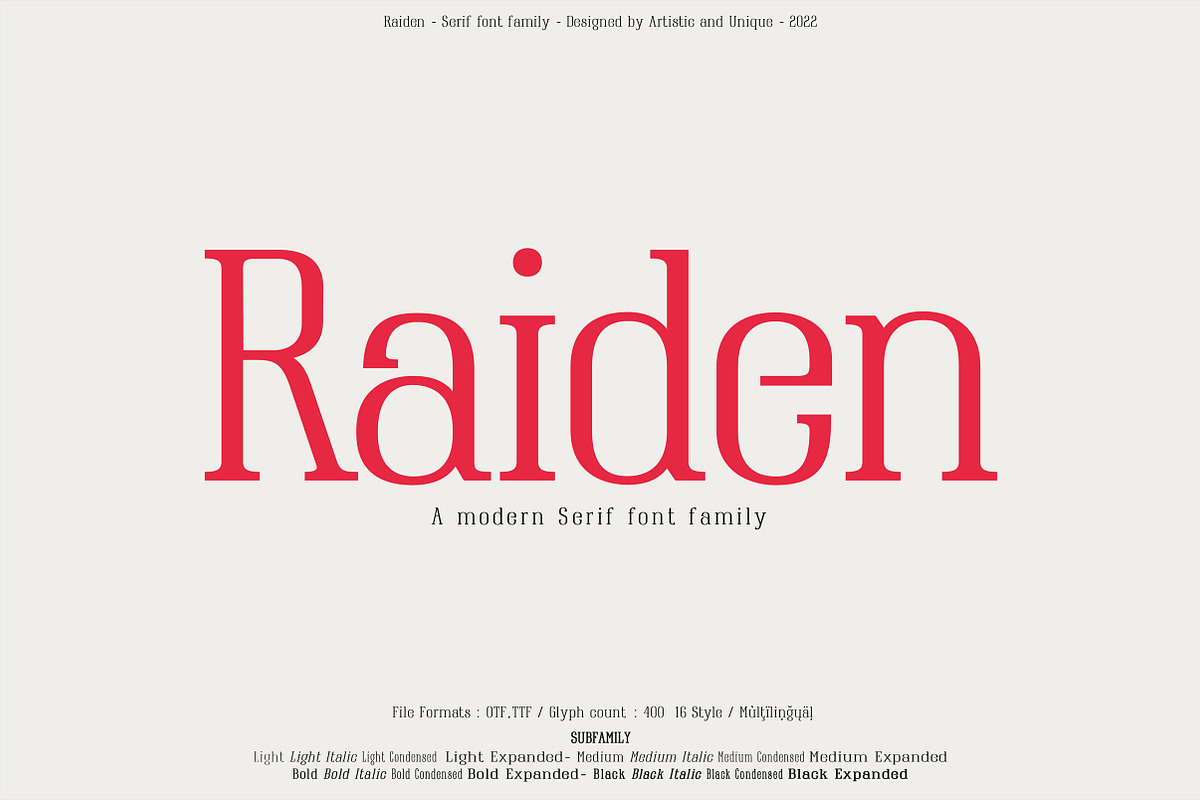 Raiden - Serif font family, a Serif Font by Artistic & Unique (Photo 1 of 13)