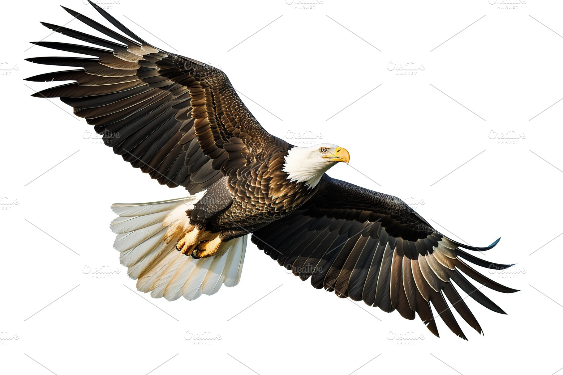 A bald eagle soars with spread wings on white background, an Animal Photo by AlyaAnd