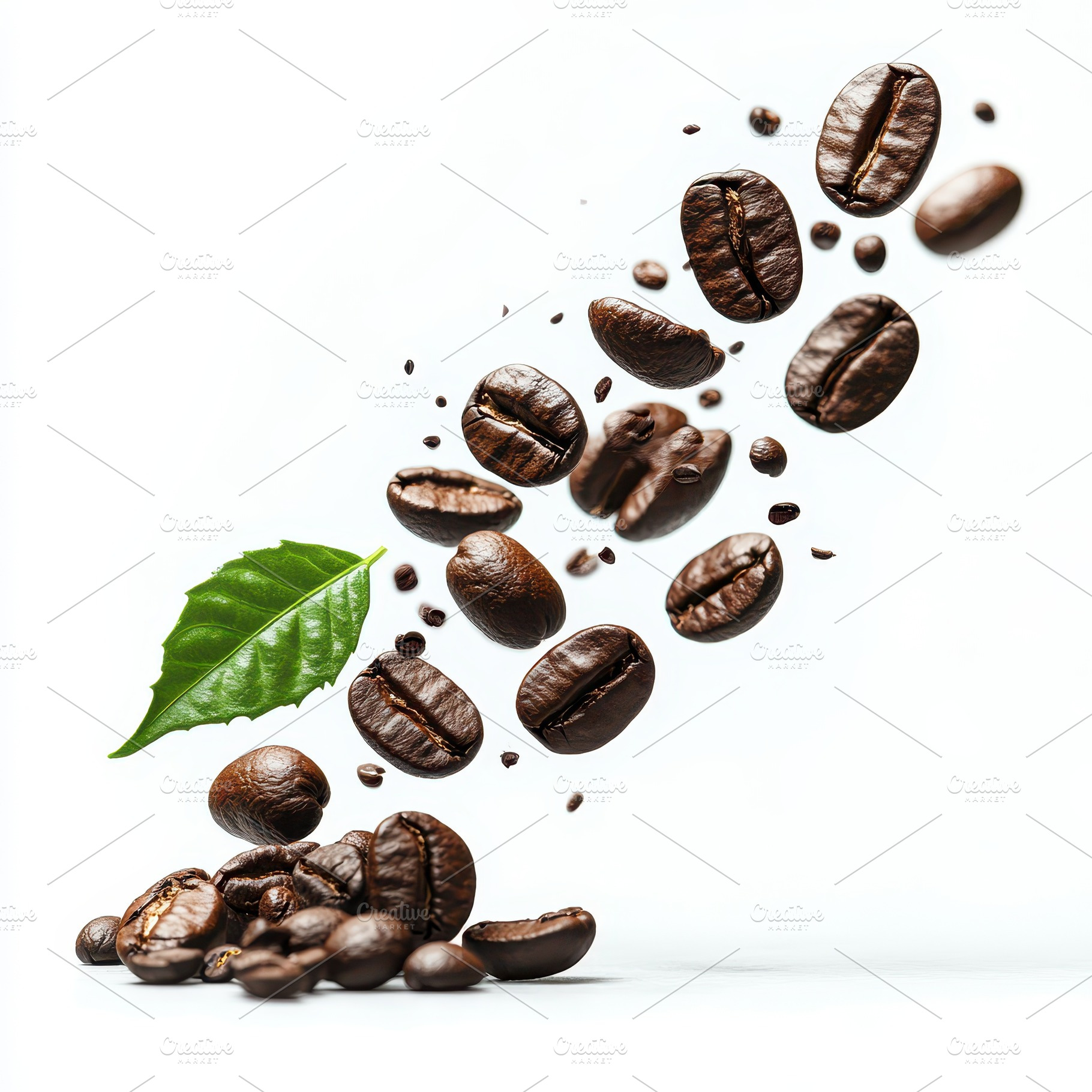 Roasted Coffee Beans Falling Green L, a Food & Drink Photo by Pixeness Studio