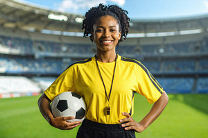 Smiling female referee with soccer ball on field, a Sports & Recreation Photo by Davizro's Market