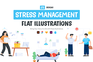 Stress Management Flat Illustrations, a Work Illustration by Brickclay
