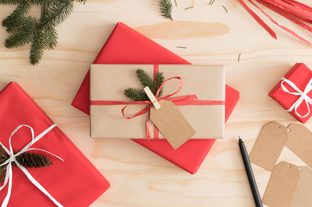 Red and kraft christmas gifts, JPEG