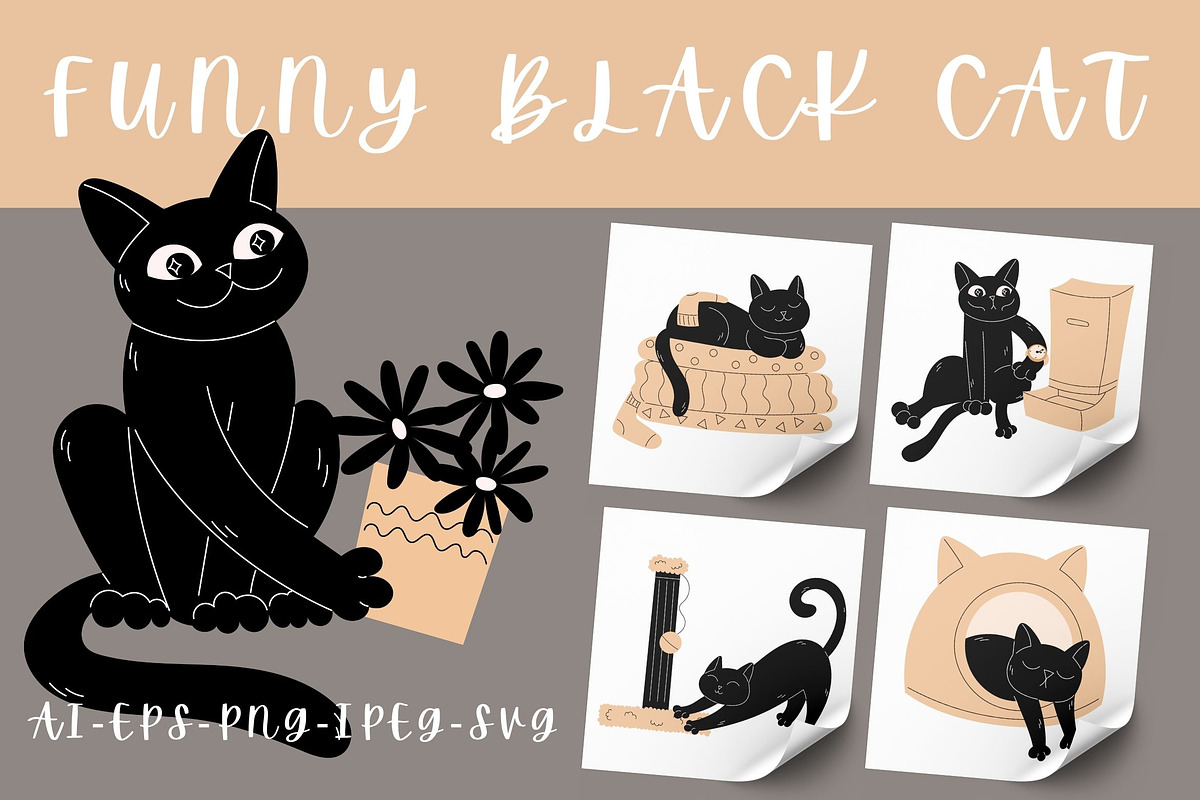 Funny Black Cat Character Collection, an Animal Illustration by YuskinKot (Photo 1 of 3)
