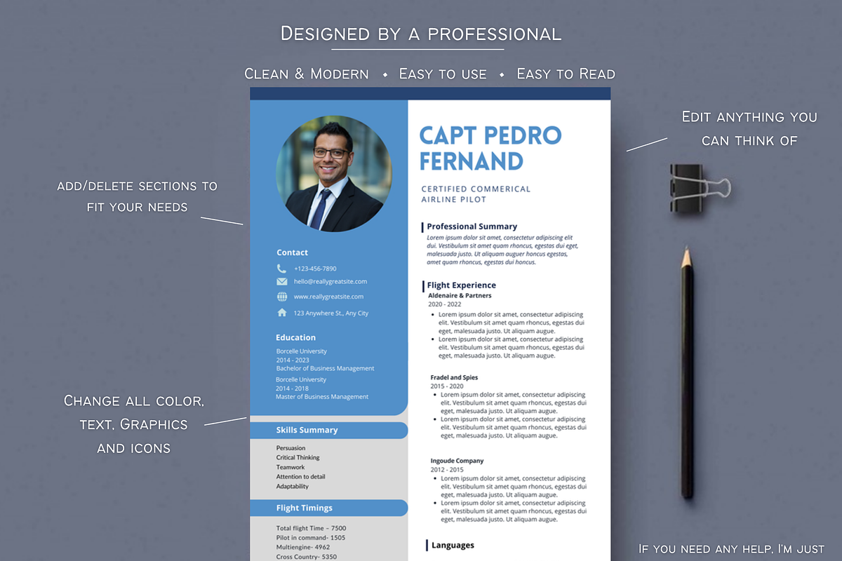 Airline Pilot Resume Template canva, a Resume Template by Climbwithelevator (Photo 2 of 7)