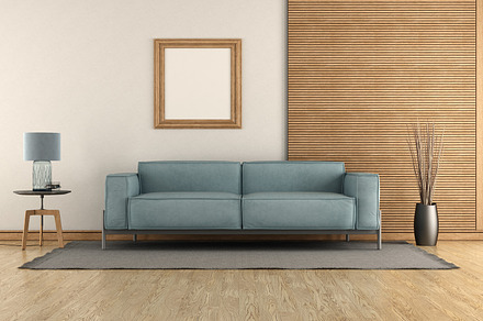 Modern living room with blue sofa, an Architecture Photo by Archideaphoto