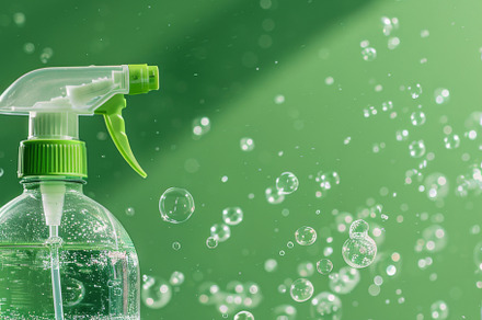 Spray bottle with green liquid and foam on green background, a Photo by Dvoevnore photos