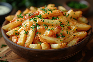 Tasty french fries topping with cheddar cheese on wooden table, a Food & Drink Photo by AlyaAnd