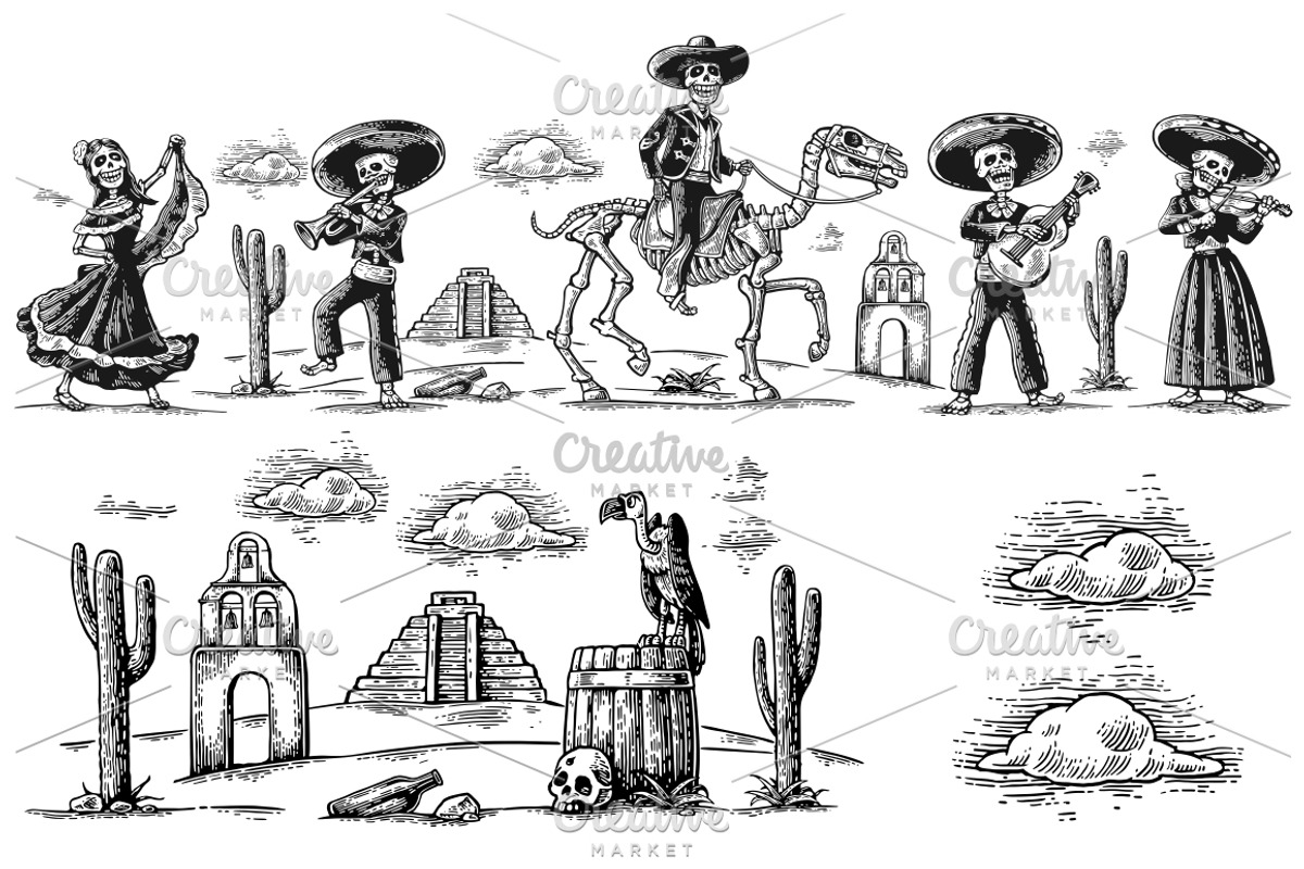 Skeleton dance play mexican desert, an Illustration by MoreVector (Photo 2 of 2)