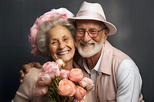 Happy elderly couple with flowers and hats, dark background., a Person Photo by ImageMir