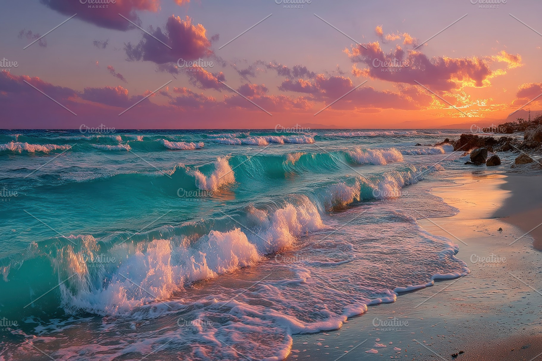 Sunset beach with soft waves, colorful clouds, and pastel reflec, a Holiday Photo by José Manuel Gelpi