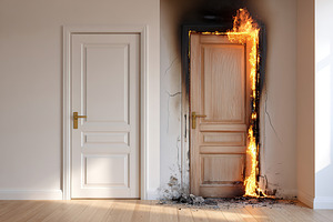 One door shows signs of fire damage while the adjacent door remains untouched,, a Photo by AlyaAnd