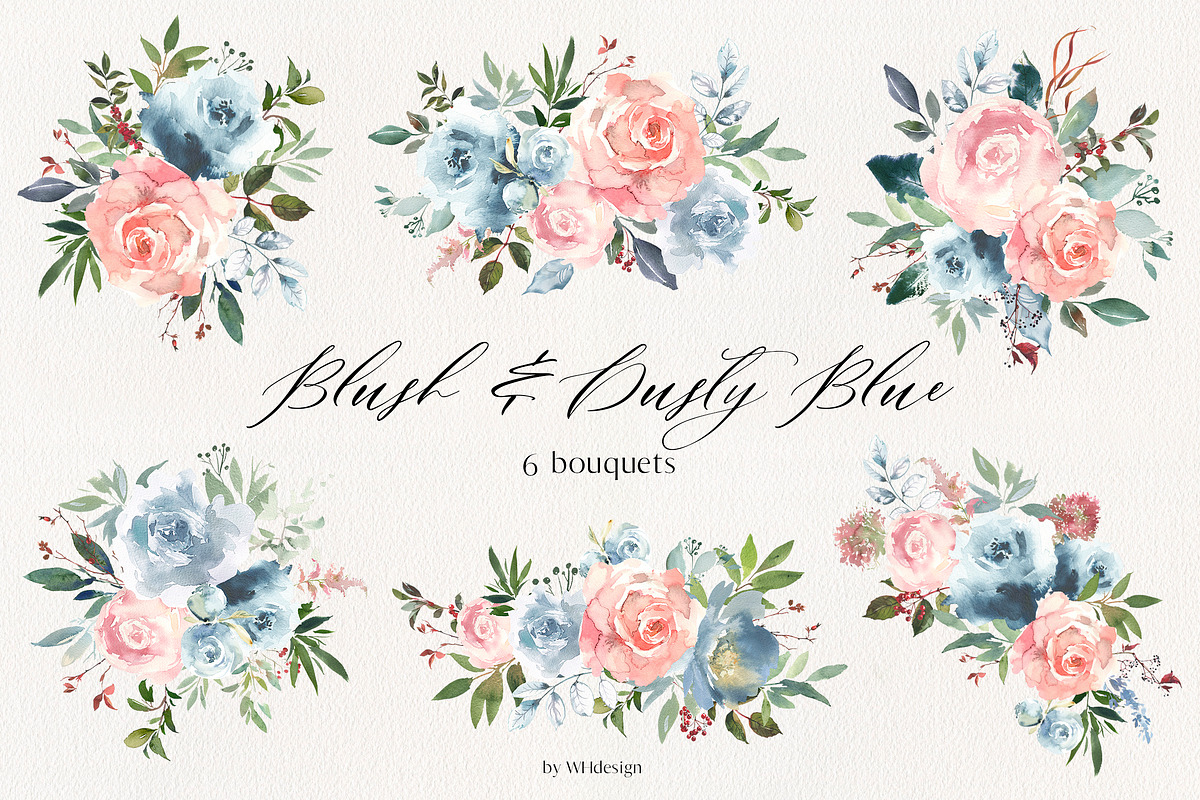 Blush & Dusty Blue Floral Clipart, a Decorative Illustration by whiteheartdesign (Photo 2 of 11)