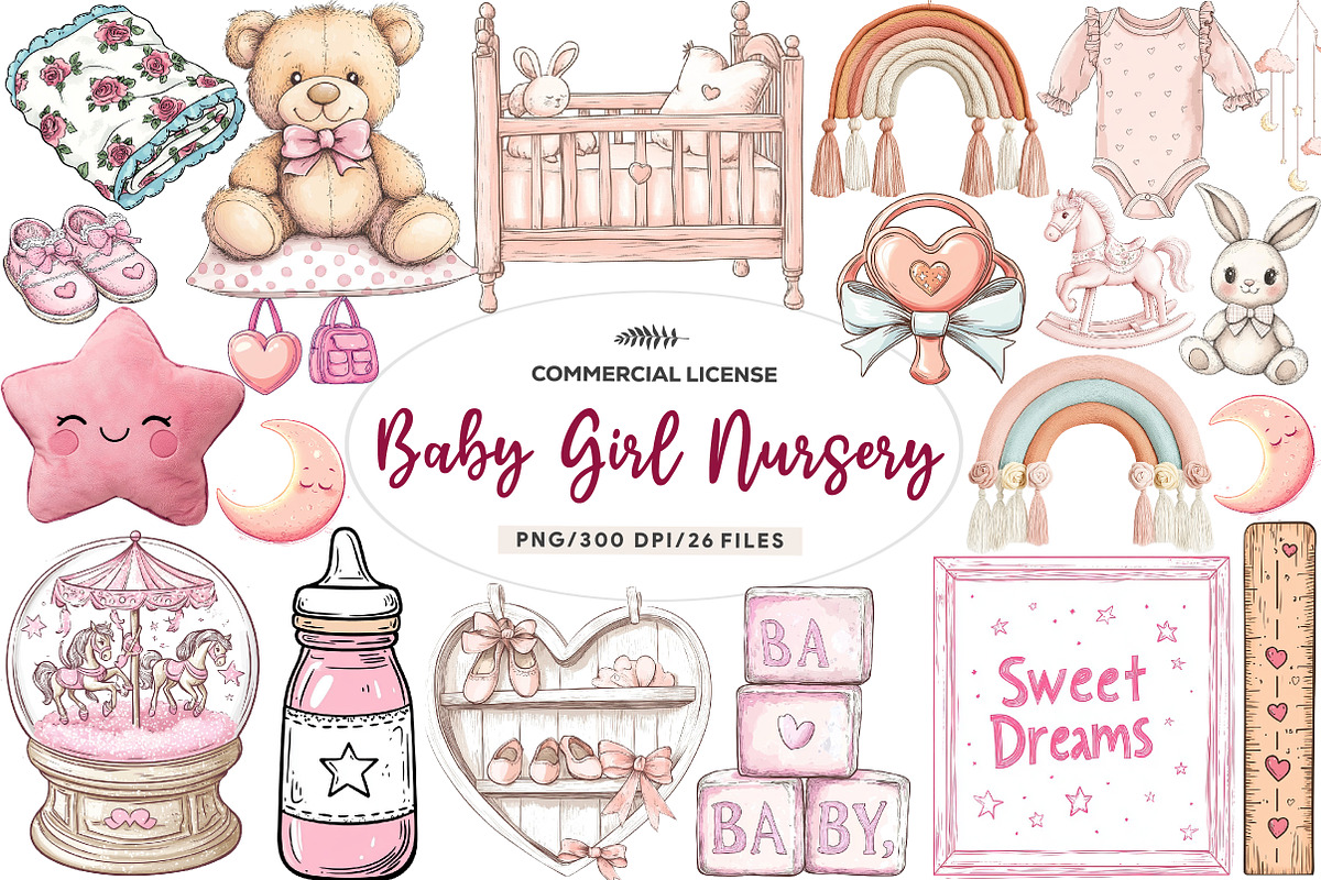Pink Baby Girl Nursery Clipart, an Illustration by CreationArt (Photo 1 of 5)