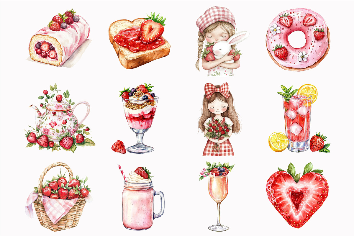 Watercolor Strawberry Picnic Clipart, a Seasonal Illustration by Design Market (Photo 4 of 5)
