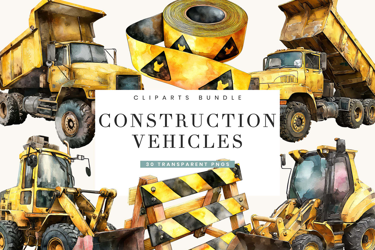 Watercolor Construction Vehicles, a Transportation Illustration by BusyDaydesign (Photo 1 of 10)