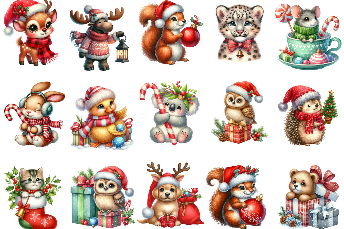 Cute Christmas Animal Clipart, an Illustration by Designking (Photo 2 of 5)