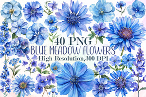 Watercolor Blue Meadow Flowers Clipa, an Illustration by Sublimation Artist