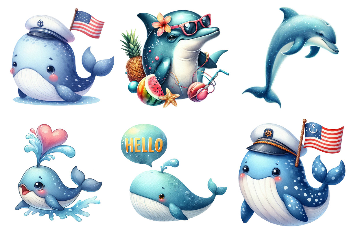 Cute Whale and Dolphin Clipart, an Illustration by Pixels.Craft (Photo 4 of 9)