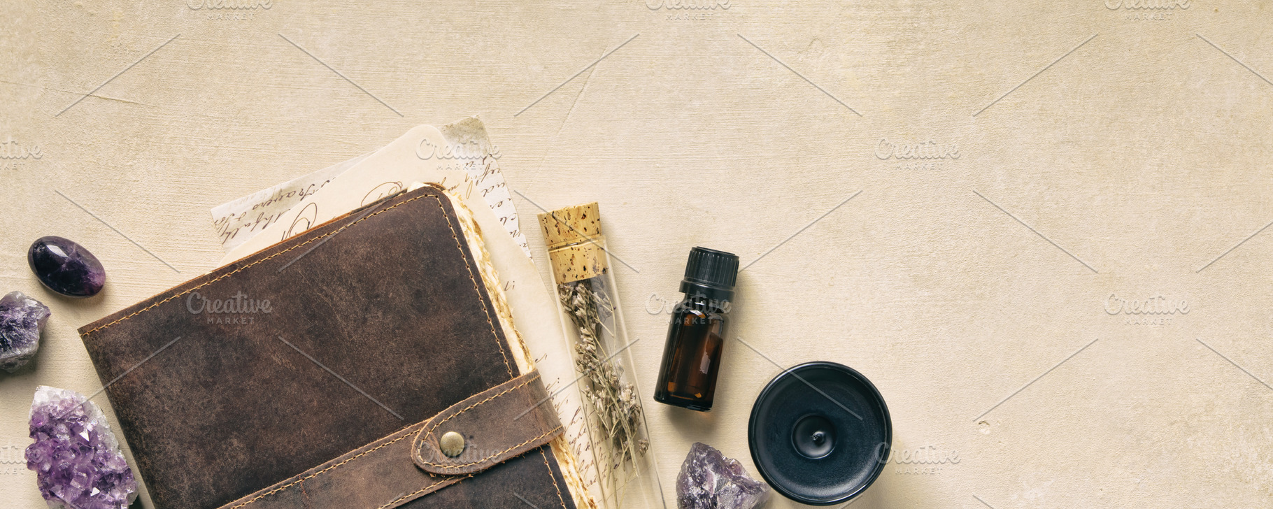 Flat Lay of Lavender, Crystals, and Vintage Journal for Wellness, an Abstract Photo by Natalia Klenova's Shop