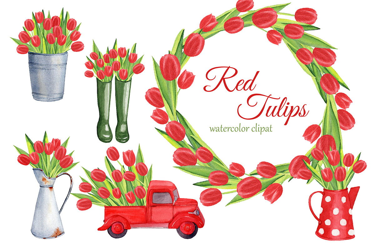 Red tulips watercolor clipart, an Illustration by s.yanyeva (Photo 1 of 4)
